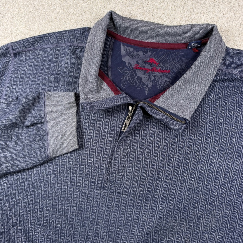 Tommy Bahama Quarter Zip Pullover Mens 3XL Blue Herringbone Long Sleeve Sweater